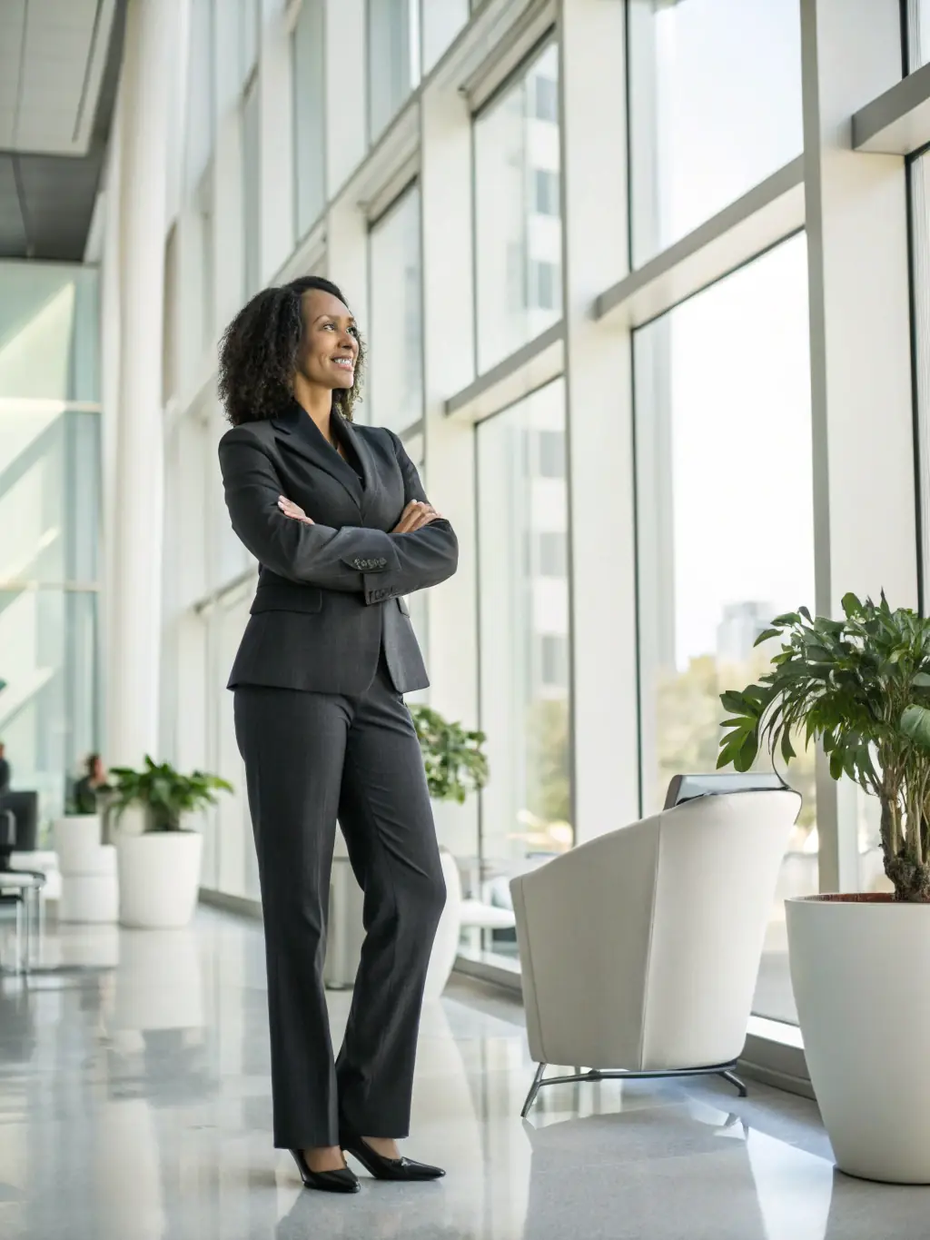 A confident South African business leader standing in a modern office, smiling and gesturing positively while addressing their team during a successful project review.