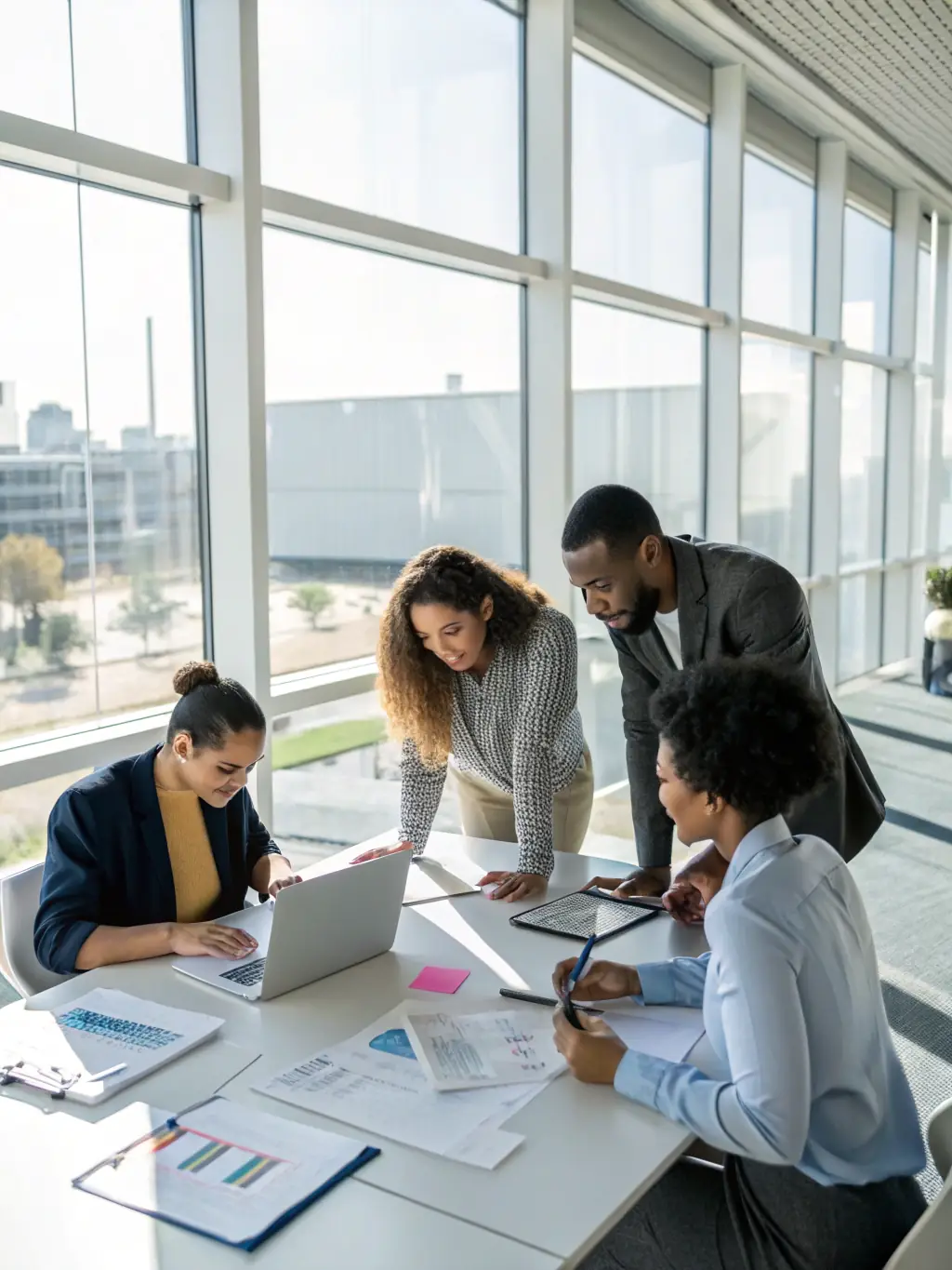 A diverse team of South African professionals collaborating effectively in a project meeting, representing team management strategies.