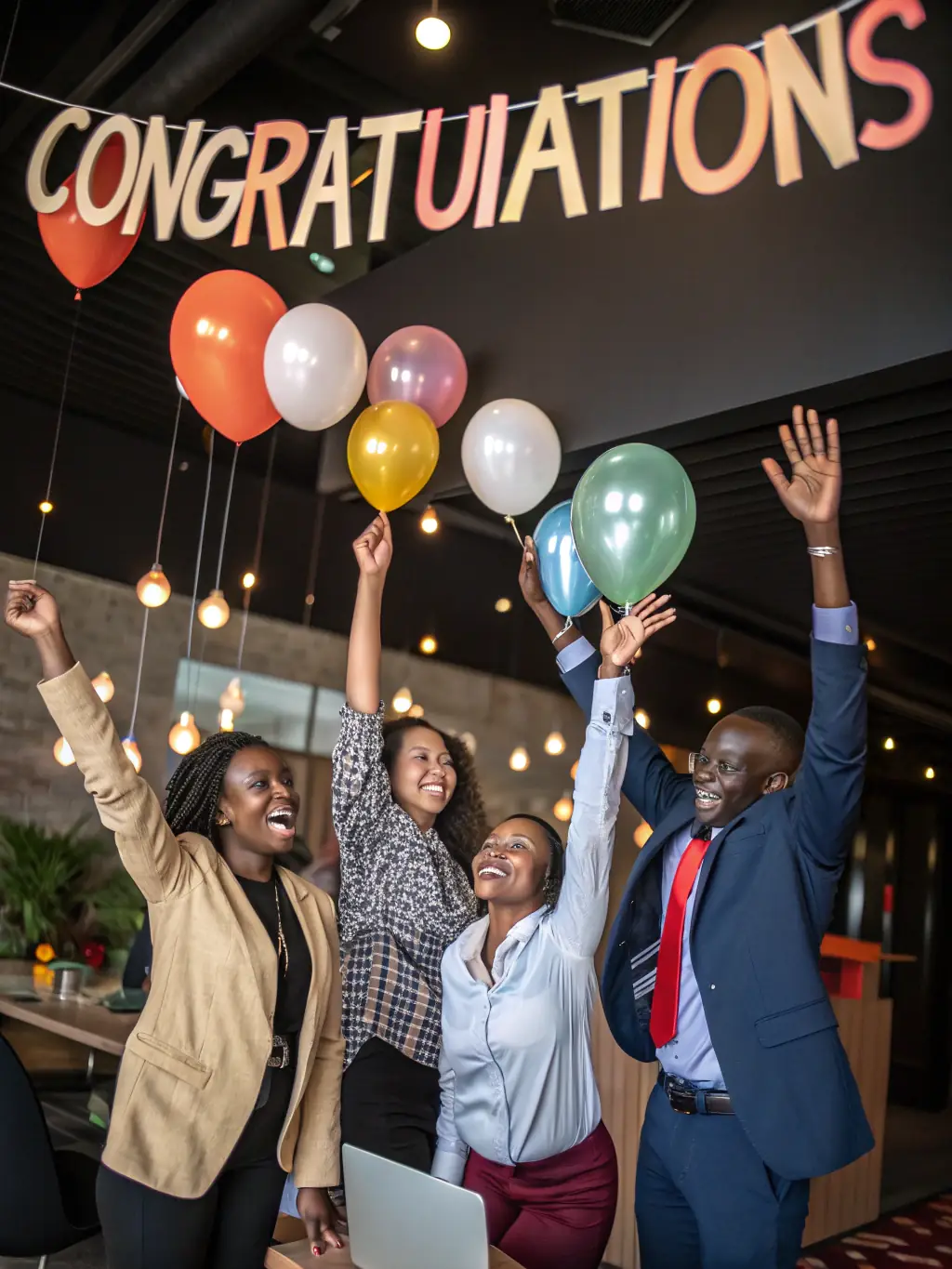 A South African entrepreneur celebrating a business milestone with their team, symbolizing the achievement of personal and professional goals through effective leadership.