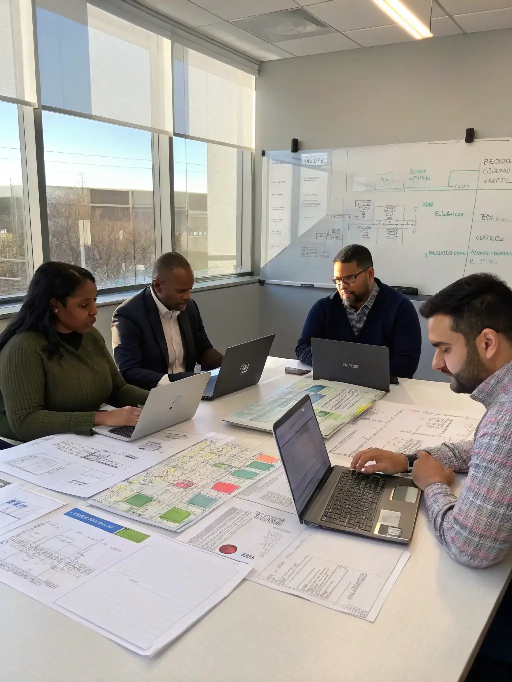 A diverse team of South African professionals collaborating effectively in a boardroom, showcasing improved communication and teamwork skills.